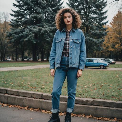 Woman in 90s Denim Outfit in Urban Park