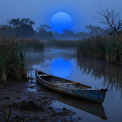 Photograph of a weathered wooden rowboat on a still, reflective waterway at dawn, with a vivid blue moon rising behind misty trees and
