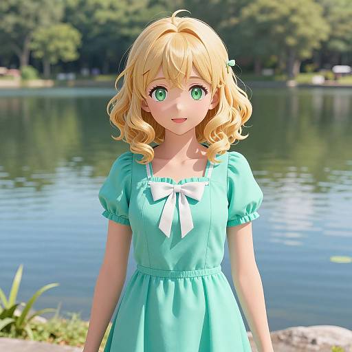 Digital anime-style drawing of a blonde girl with green eyes, wearing a teal dress with a white bow, standing by a peaceful lake surrounded by trees.