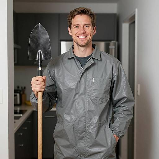 Smiling Worker in Dim Hallway Scene