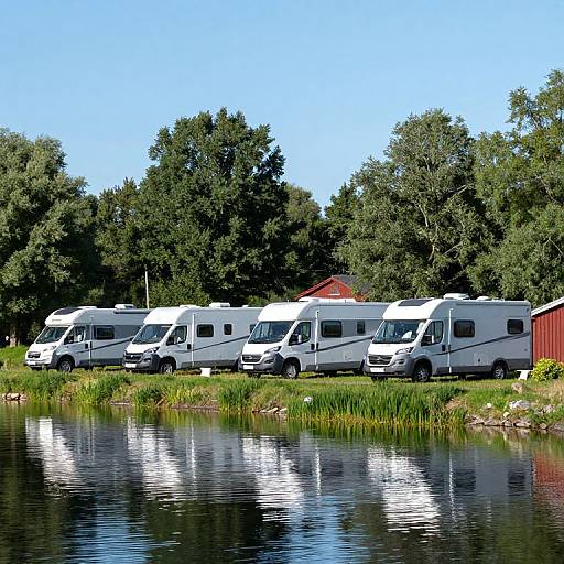 Photograph of five white RVs parked in a line by a reflective lake, with lush green trees and a red building in the background under a clear
