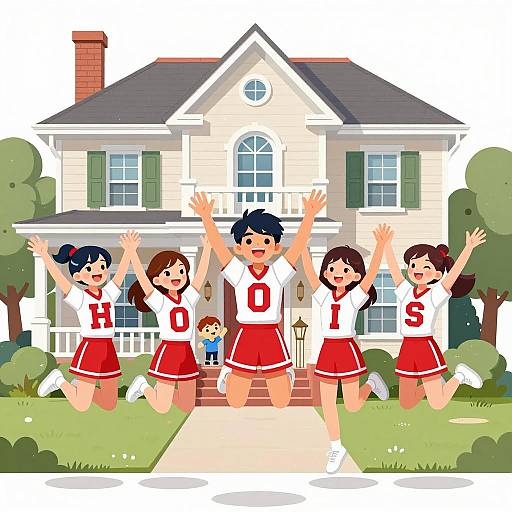 Cheerleaders Jumping in Front of House