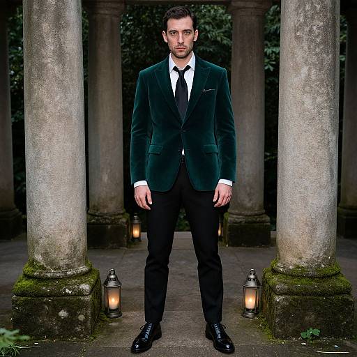 Photograph of a handsome man with dark hair, green velvet blazer, black tie, black pants, and polished shoes, standing between stone pillars with