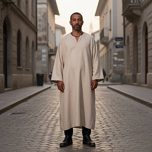 Photograph of a bearded man in a long, white, loose-fitting tunic standing on a cobblestone street in a narrow, sun