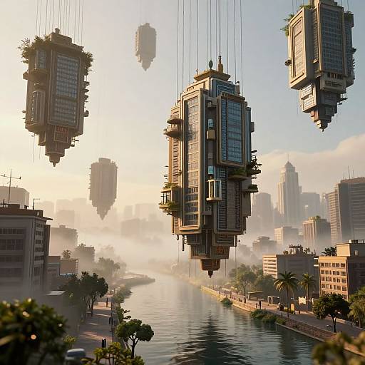 Digital artwork of floating, pixelated skyscrapers over a misty river in a futuristic cityscape, with palm trees and buildings along the water's