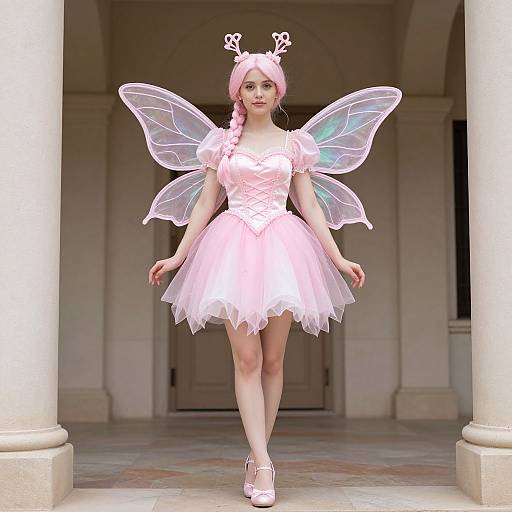 Photograph of a young woman in a pink fairy costume with translucent wings, pink hair, and crown, walking between columns.