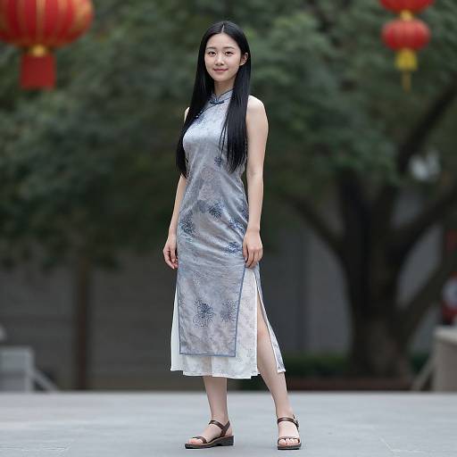 Photograph of an Asian woman with long black hair, wearing a silver floral-patterned cheongsam dress with side slits, black sandals, standing