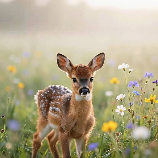 Shy Fawn in Sunlit Wildflowers