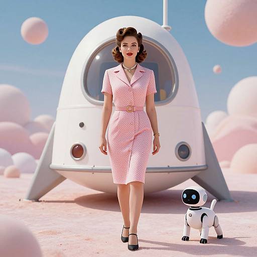 Photorealistic CGI of a 1950s-style woman in pink polka-dot dress and heels, walking on a moon-like planet with a small