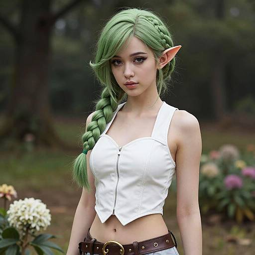 Digital artwork of a green-haired elf woman with long braid, pointed ears, wearing a white cropped top and brown belt, standing in a forest with