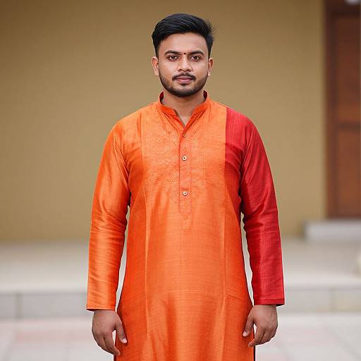 Photograph of a handsome South Asian man with short black hair and trimmed beard, wearing an orange and red traditional kurta, standing in a brightly lit