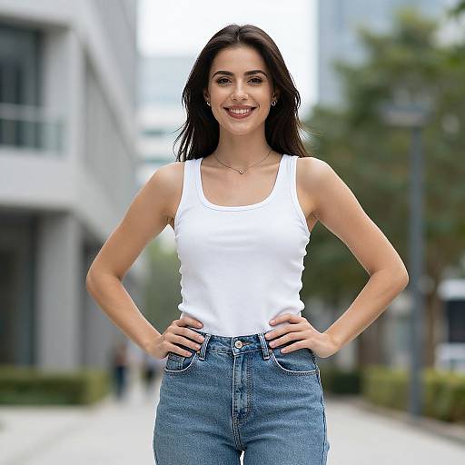 Photograph of a smiling, dark-haired woman with fair skin, wearing a white tank top and blue jeans, standing outdoors with hands on hips. Urban