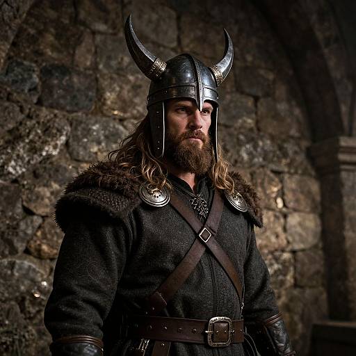 Photograph of a bearded Viking warrior with long brown hair, black horned helmet, fur-collared black cloak, and leather straps, standing