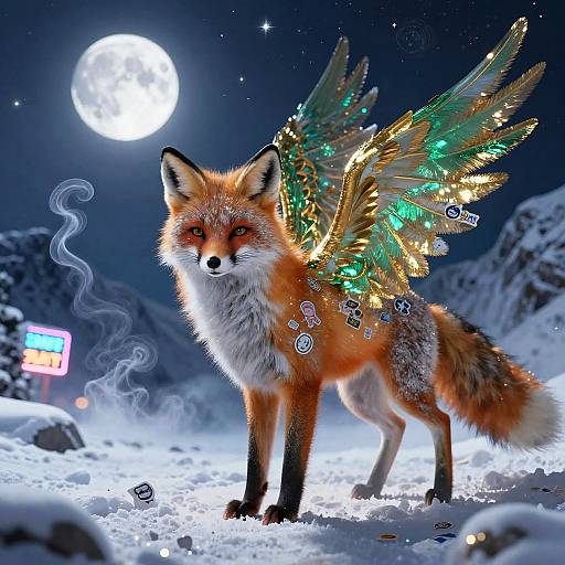 Digital artwork of a red fox with glowing, iridescent angel wings standing in a snowy night landscape under a full moon.