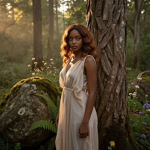 Photograph of a beautiful Black woman with curly, auburn hair, wearing a sheer, beige dress, leaning against a tree in a sunlit