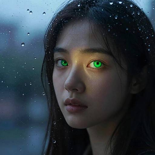 Vivid Green Eyes Through Rainy Window