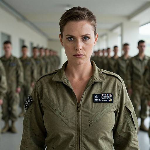Photograph of a serious, blue-eyed woman with short brown hair, wearing an olive green military jumpsuit, standing in a blurred background of fellow soldiers