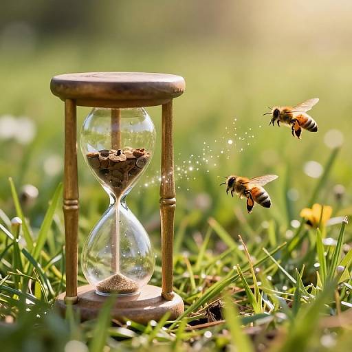 Photograph of a wooden hourglass with sand, two honeybees hovering, and sparkling dust in a sunlit, green grassy field.