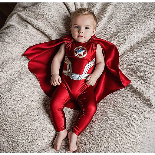 Baby in Red Superhero Costume Lying on Bed