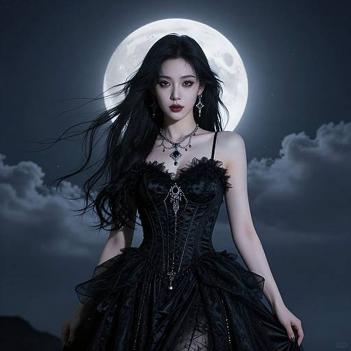 Photograph-style digital art of an Asian woman with long black hair, wearing a black lace dress and jewelry, standing in front of a full moon against