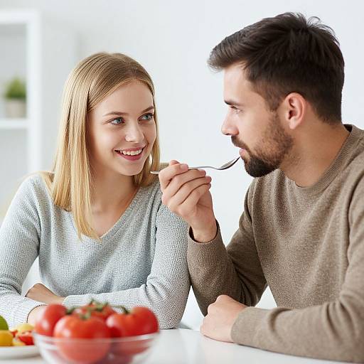 Photograph of a smiling blonde woman in a light gray sweater and a bearded man in a brown sweater, sharing a meal at a white table with