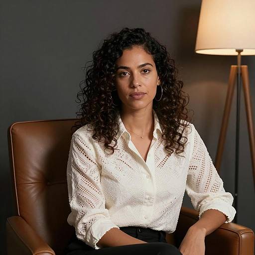 Woman in Lace Shirt and Leather Chair