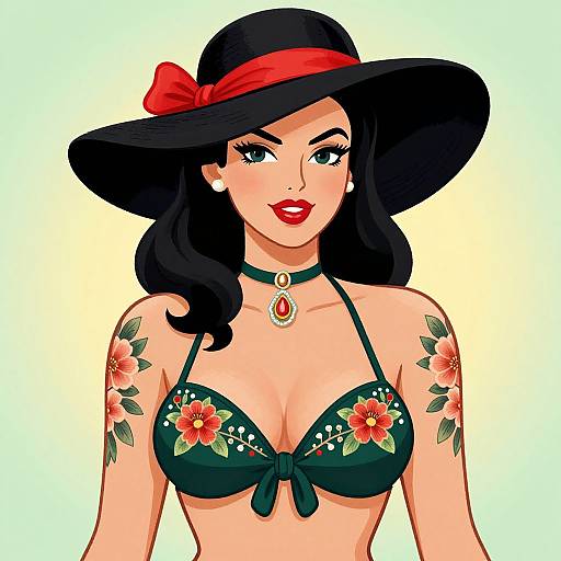 Vibrant Pin-Up Woman with Floral Tattoos