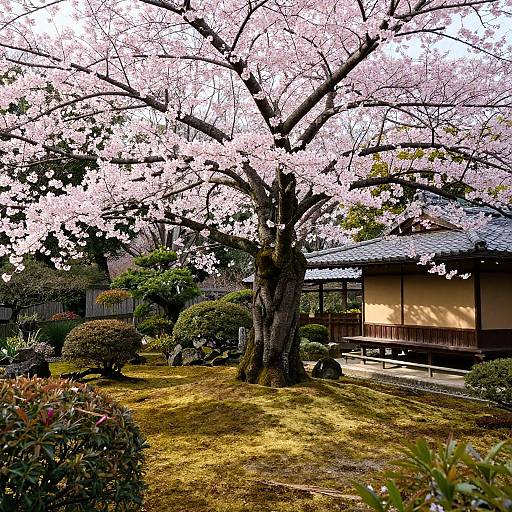 Photograph of a serene Japanese garden with a large cherry blossom tree in full bloom, a traditional wooden house, and well-manicured greenery.