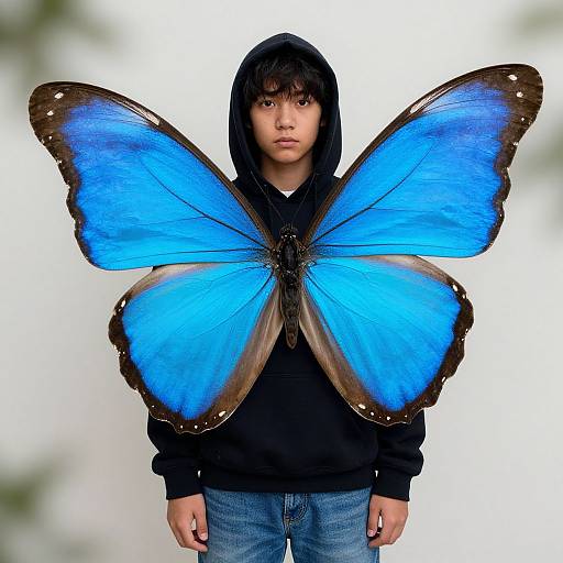 Photograph of an Asian teenage boy in a black hoodie and jeans, standing against a white background with large, vibrant blue and brown butterfly wings attached to