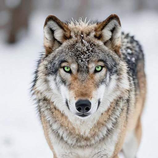 Close-up photograph of a wolf with piercing green eyes, brown, black, and white fur, standing in a snowy landscape.