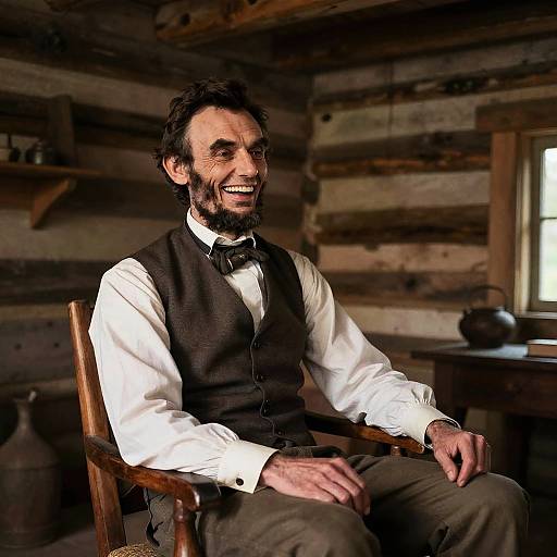Photograph of a smiling, bearded man with dark hair, wearing a white shirt and black vest, seated in a rustic log cabin. Warm,