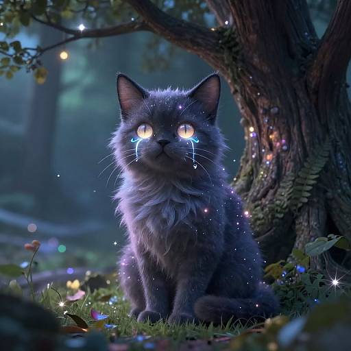 Fantastical digital artwork of a glowing, tearful, blue-gray cat with luminous eyes, surrounded by enchanted forest lights and a large tree.