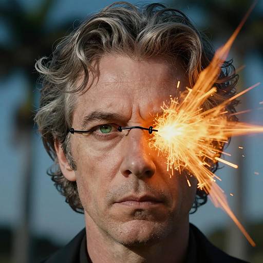 Middle-aged man with sparking wire over eye