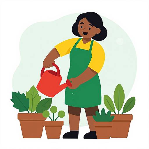 Cartoon illustration of a smiling woman with dark skin and black hair, wearing a green apron and yellow shirt, watering potted plants with a red