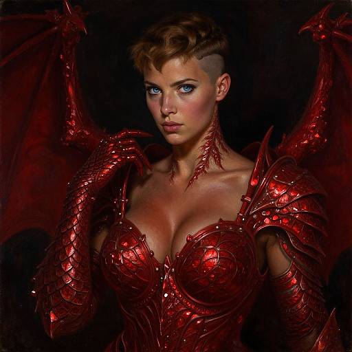 Digital artwork of a fierce, blue-eyed woman with short, styled brown hair, wearing red, dragon-scale armor with wings, highlighting her large breasts and