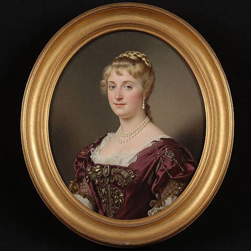 Portrait of a 19th-century aristocratic woman with blonde hair, wearing a maroon gown with gold embroidery, white lace, and pearl necklace,