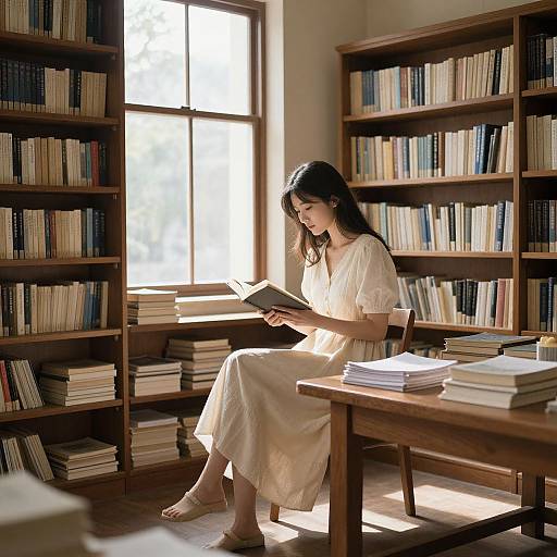 Photograph of a woman with long black hair, wearing a white dress, sitting in a sunlit library, reading a book, surrounded by wooden book