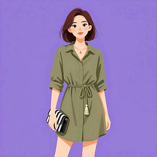 Casual Chic Woman in Olive Shirtdress