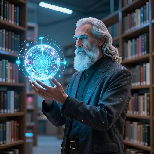 Futuristic Philosopher in Neon Library