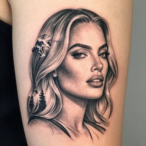 Black-and-white hyper-realistic tattoo of a woman with wavy hair, wearing a hair clip, and forest-themed earrings on her arm.