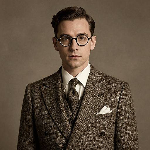 Photograph of a serious, fair-skinned man with dark hair, round black glasses, wearing a brown herringbone suit, white shirt, and
