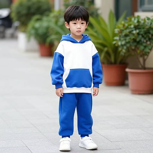 Photograph of a young Asian boy with black hair, wearing a blue and white hoodie and pants, white sneakers, standing on a tiled sidewalk with p