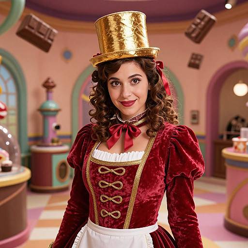 Photorealistic digital art of a smiling woman with curly brown hair, wearing a gold top hat, red velvet dress, white apron, in a