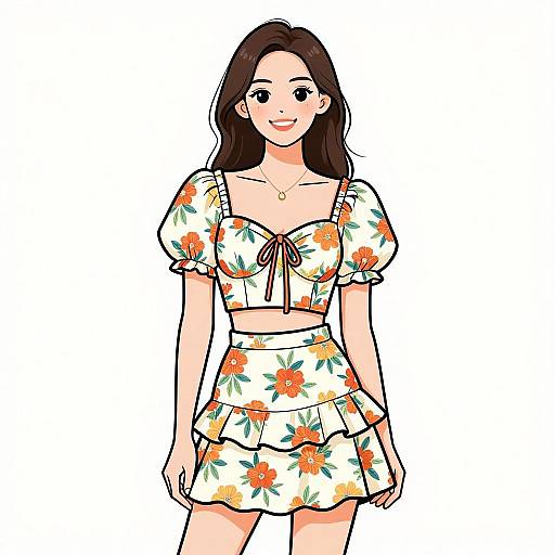 Smiling Woman in Floral Two-Piece Outfit