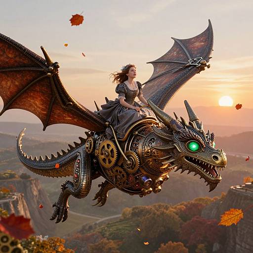 Digital artwork of a dark-haired woman in a Victorian dress riding a mechanical, green-eyed dragon with bat-like wings over a sunset-lit, autumnal