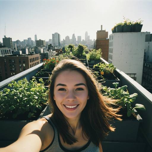 Young Woman Taking Selfie in Urban Rooftop Garden