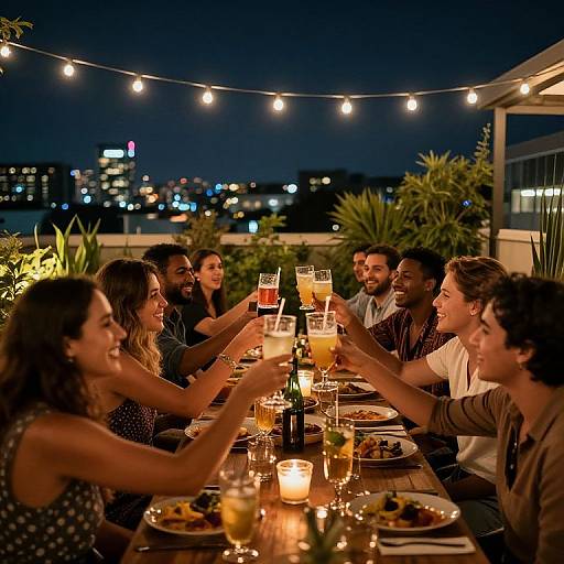 Photograph of diverse group toasting with drinks on rooftop at night, string lights, city skyline, candles, and plates on wooden table.