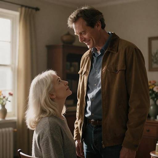 Photograph of a middle-aged man and woman in a warmly lit room, the woman with blonde hair looks up at the man, both smiling. He