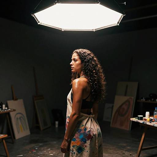 Woman Artist in Dark Studio with Softbox Lighting