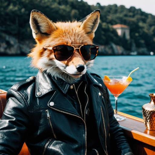 Fox in Leather Jacket on Boat with Cocktail